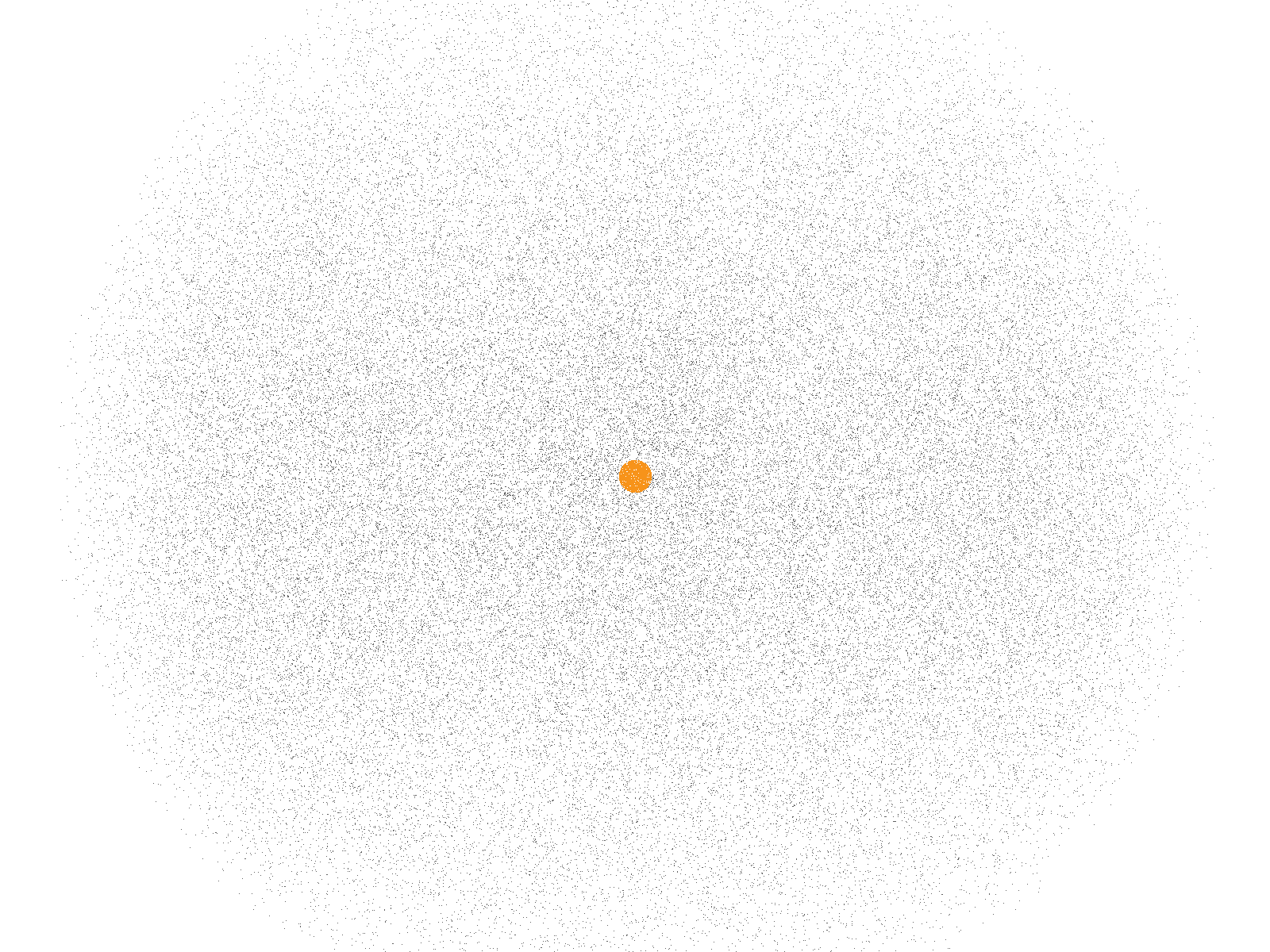 A stippled field opening to a clear vertical channel, with a single orange mark at its mouth.